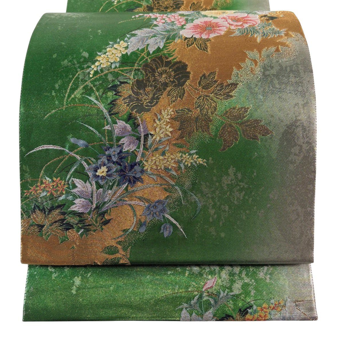 【美品】 袋帶 秀品級 振袖禮服禮服用 草花紋紋 金糸 金金箔 綠 六通 純蠶絲