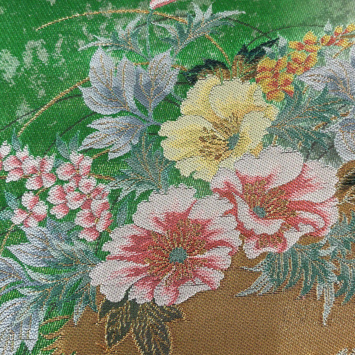 【美品】 袋帶 秀品級 振袖禮服禮服用 草花紋紋 金糸 金金箔 綠 六通 純蠶絲