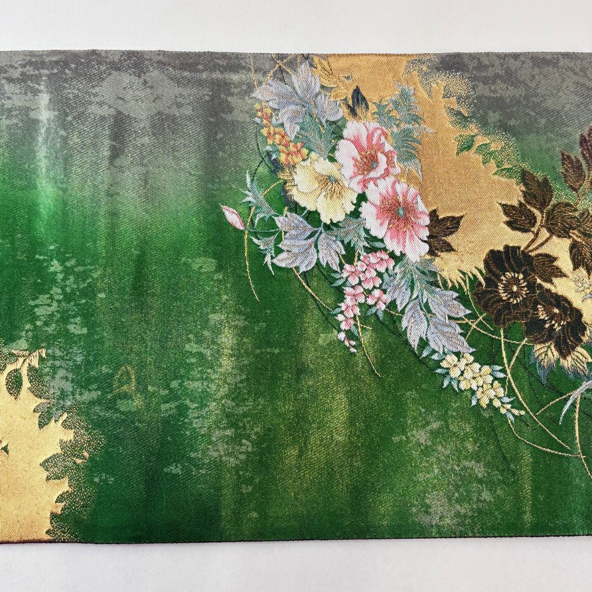 【美品】 袋帶 秀品級 振袖禮服禮服用 草花紋紋 金糸 金金箔 綠 六通 純蠶絲