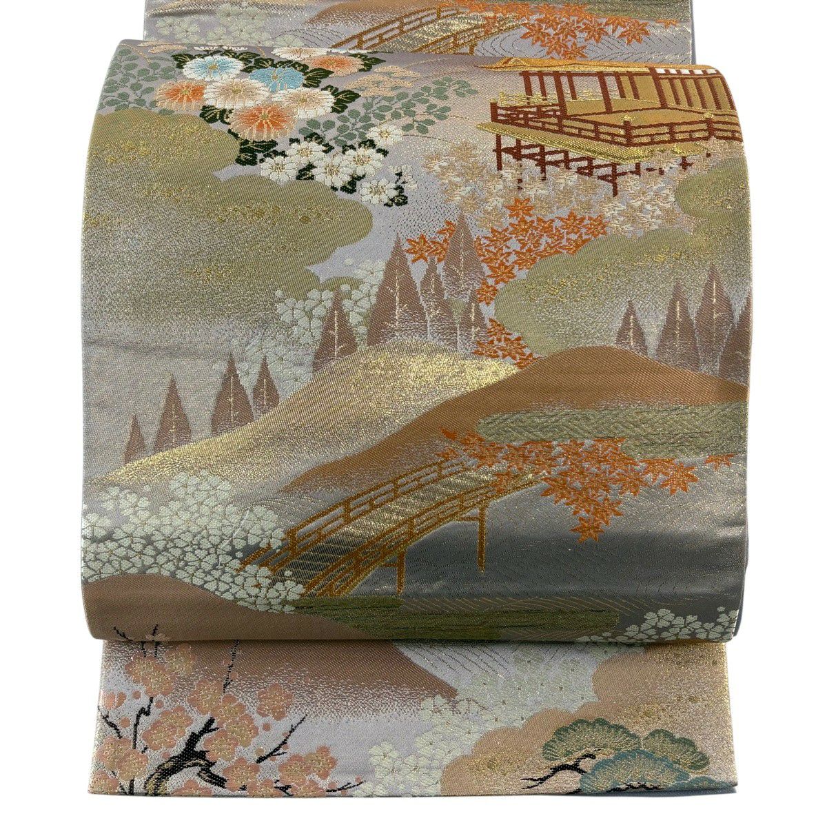 袋帶 秀品級 建築 松樹梅花 金糸 金金箔 灰紫 六通 純蠶絲
