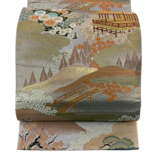 袋帶 秀品級 建築 松樹梅花 金糸 金金箔 灰紫 六通 純蠶絲