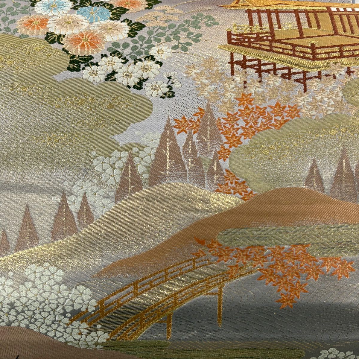 袋帶 秀品級 建築 松樹梅花 金糸 金金箔 灰紫 六通 純蠶絲