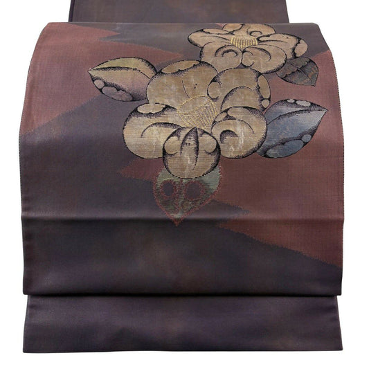 袋帶 秀品級 椿 金絲 金金箔 灰紫 大鼓圖案 純蠶絲