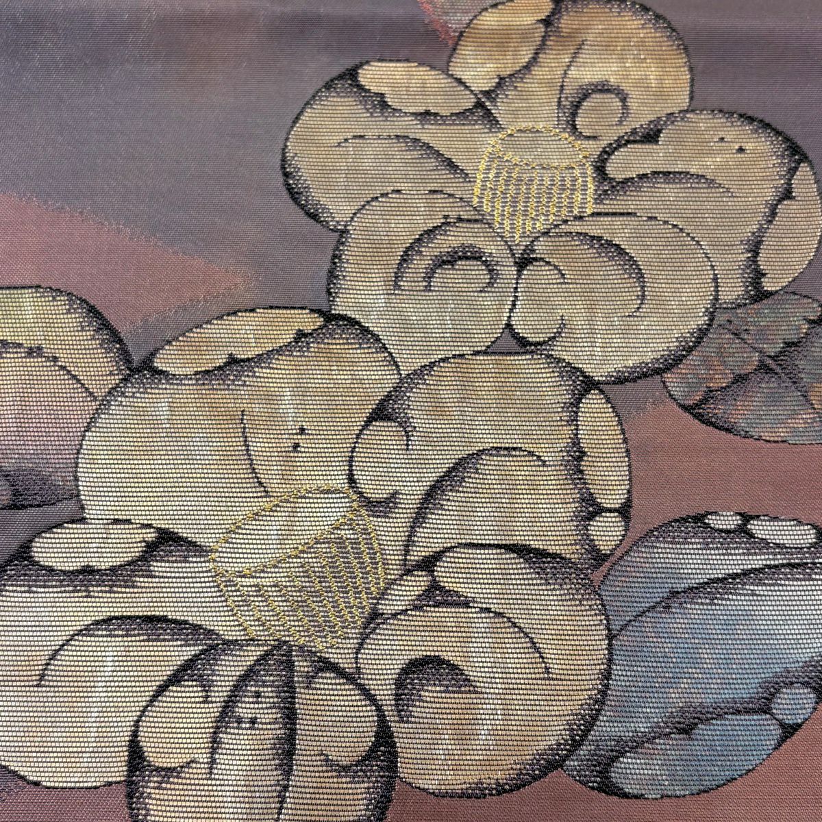袋帶 秀品級 椿 金絲 金金箔 灰紫 大鼓圖案 純蠶絲