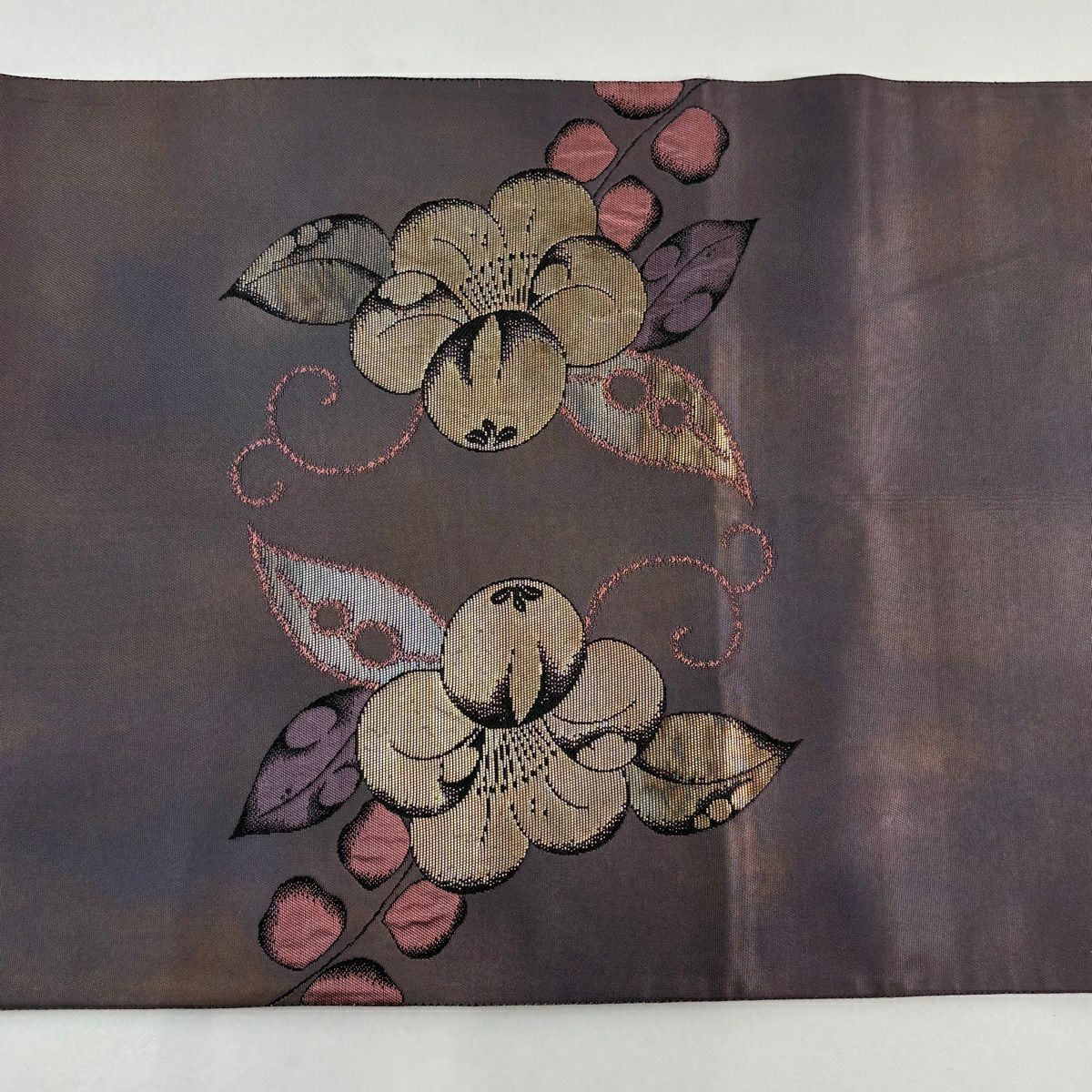 袋帶 秀品級 椿 金絲 金金箔 灰紫 大鼓圖案 純蠶絲