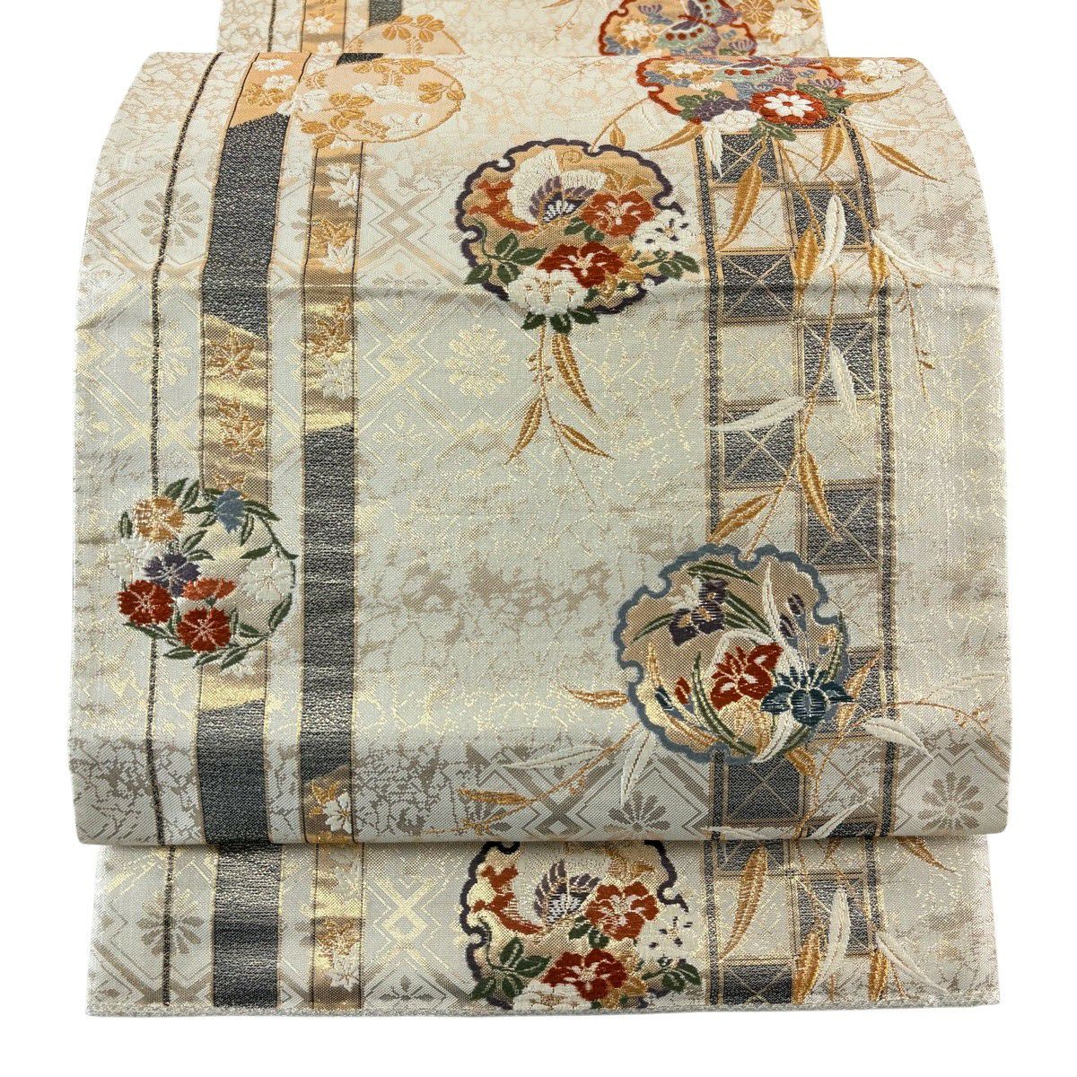 【美品】 袋帶 秀品級 雪輪 蝶 金絲 刺繡 米色 六通 純蠶絲