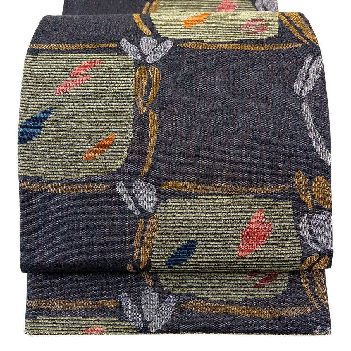 【美品】 袋帶 秀品級 縞 幾何圖案 銀線 刺繡 深藍 六通 純蠶絲