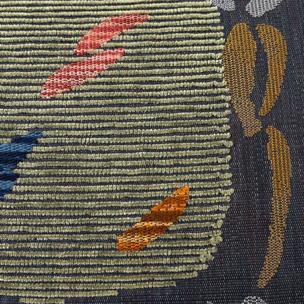 【美品】 袋帶 秀品級 縞 幾何圖案 銀線 刺繡 深藍 六通 純蠶絲