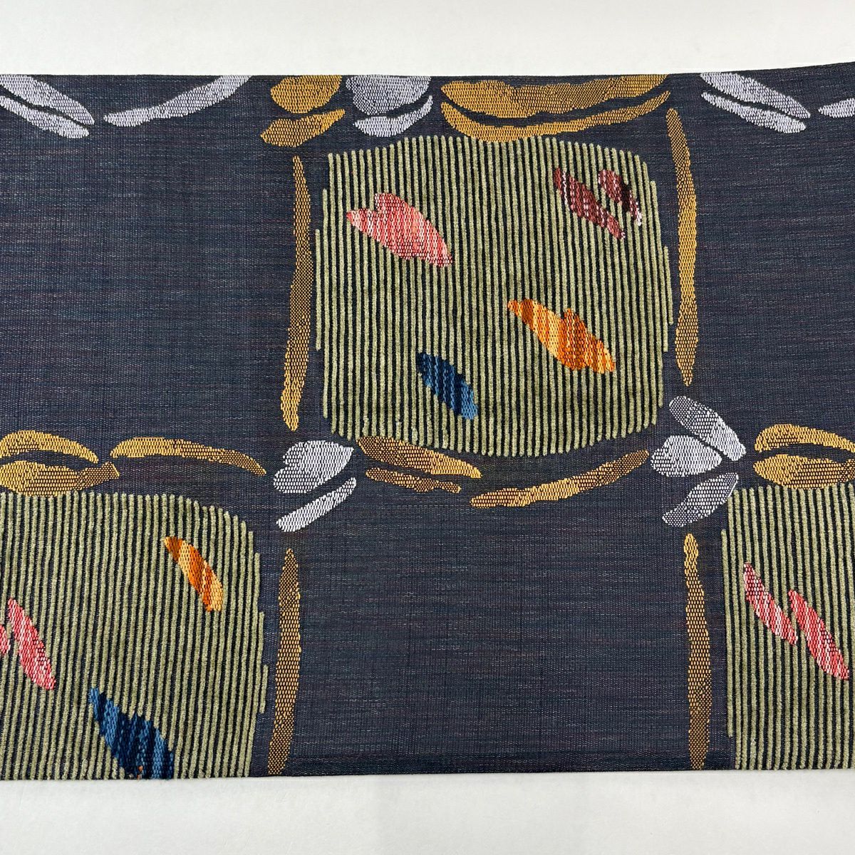 【美品】 袋帶 秀品級 縞 幾何圖案 銀線 刺繡 深藍 六通 純蠶絲