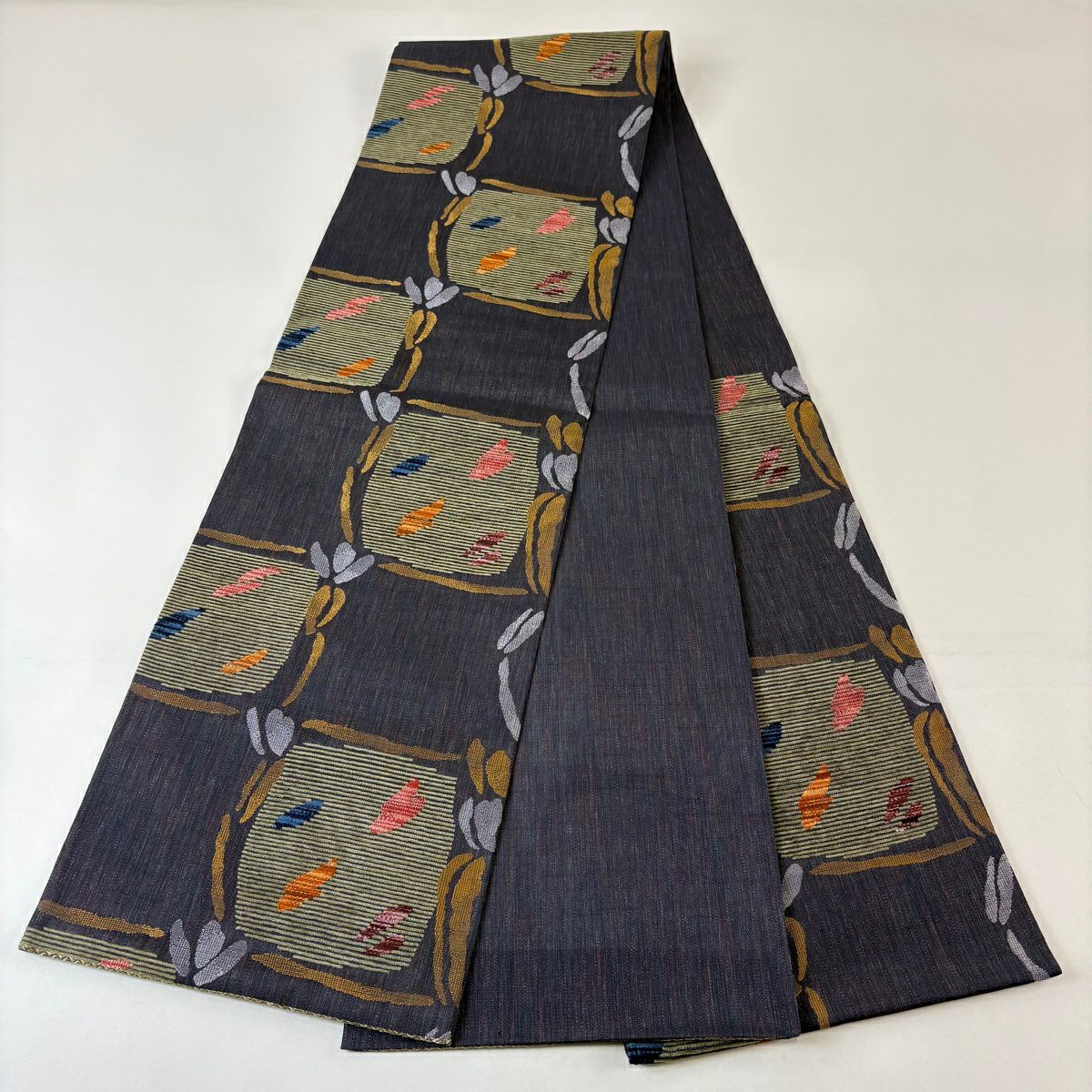 【美品】 袋帶 秀品級 縞 幾何圖案 銀線 刺繡 深藍 六通 純蠶絲