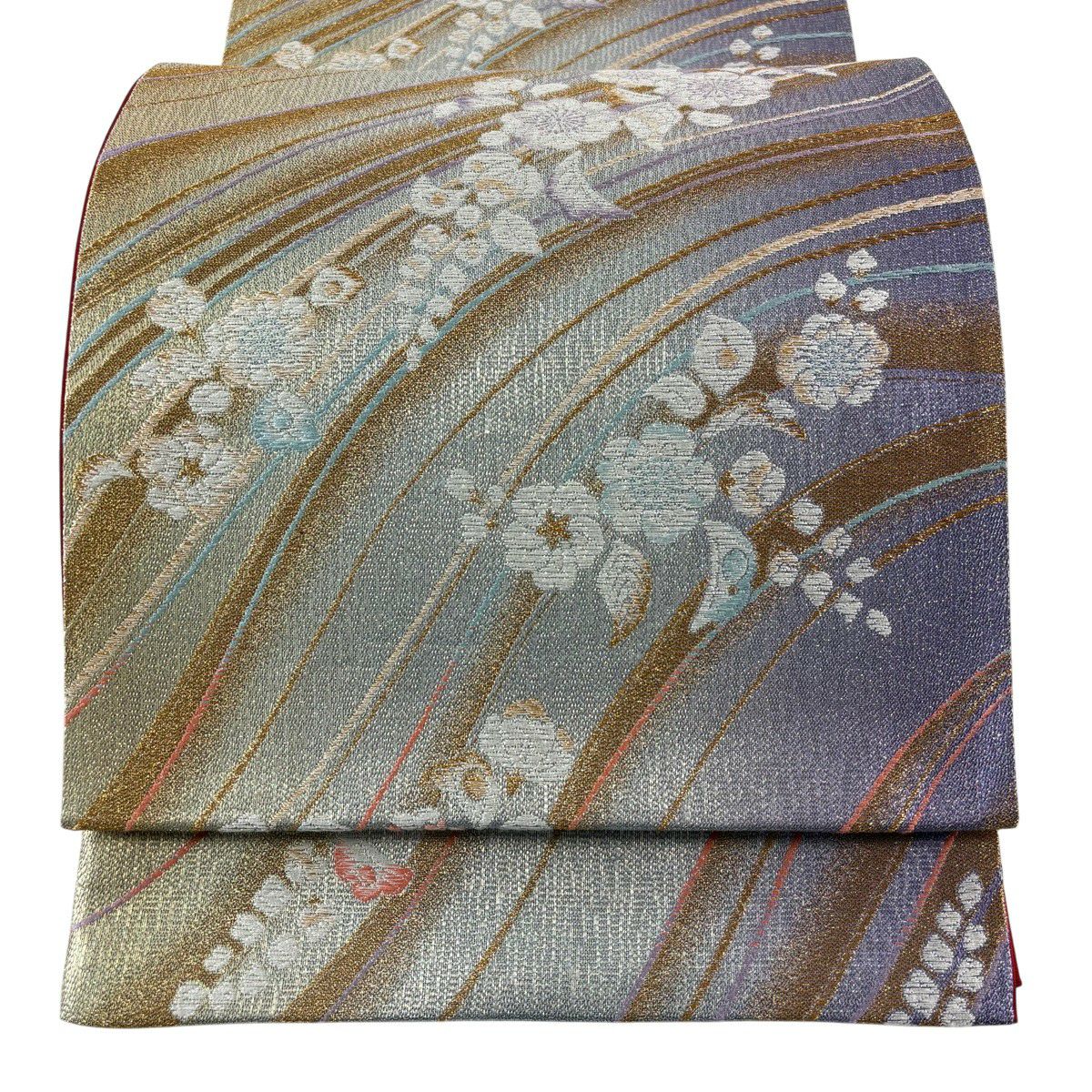 【美品】 袋帶 秀品級 草花紋紋 よろけ縞 金銀彩 金金箔 灰紫 六通 純蠶絲