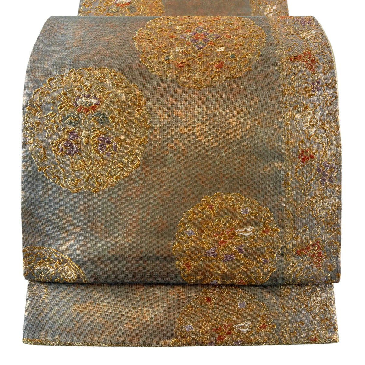 【美品】 袋帶 秀品級 華紋 草花紋 金糸 金金箔 灰茶 六通 純蠶絲