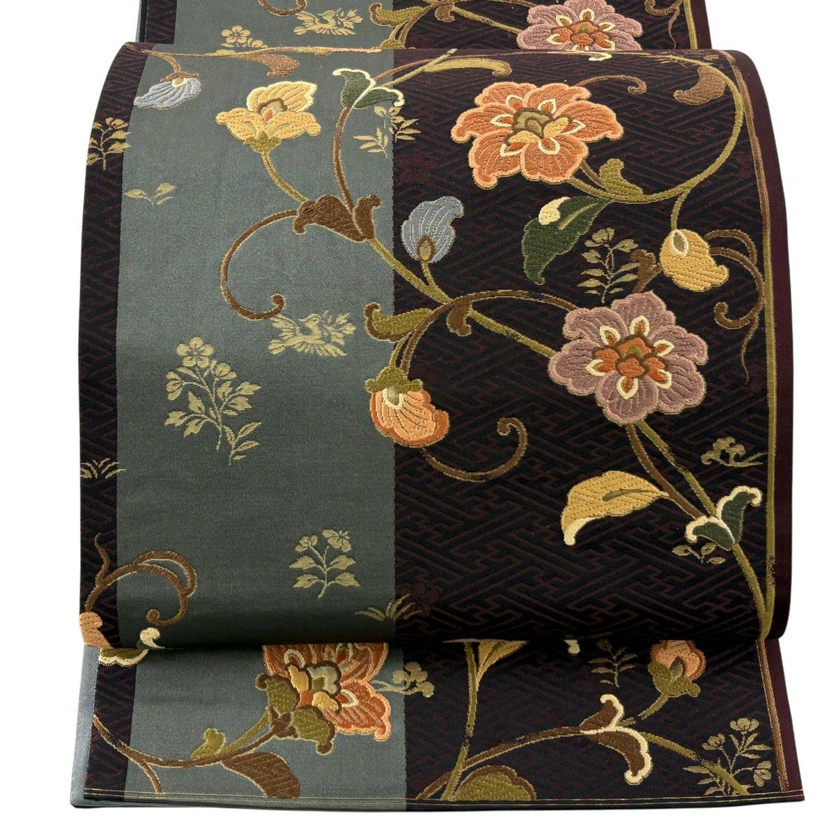 【美品】 袋帶 秀品級 花唐草紋 紗綾形 唐織 金金箔 茶綠 六通 純蠶絲