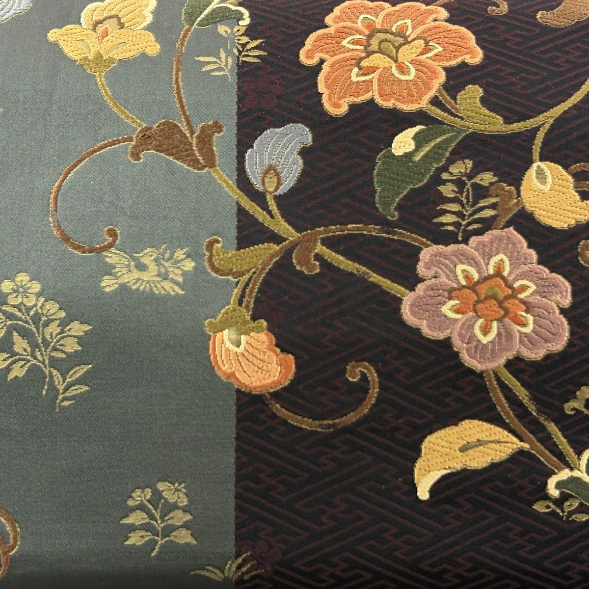 【美品】 袋帶 秀品級 花唐草紋 紗綾形 唐織 金金箔 茶綠 六通 純蠶絲