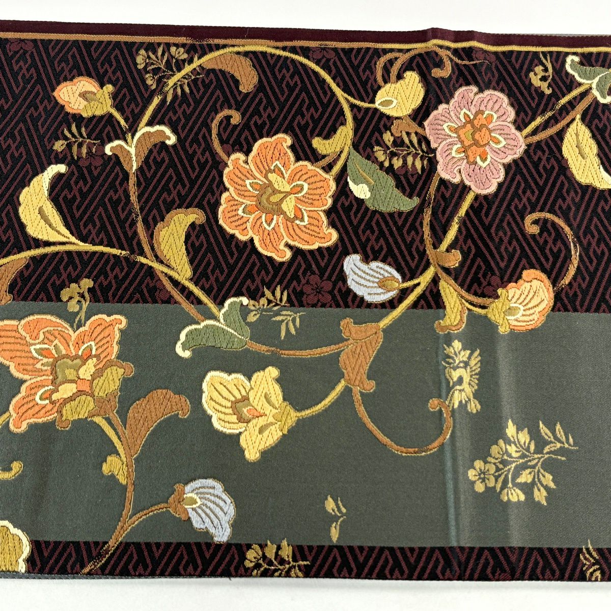 【美品】 袋帶 秀品級 花唐草紋 紗綾形 唐織 金金箔 茶綠 六通 純蠶絲
