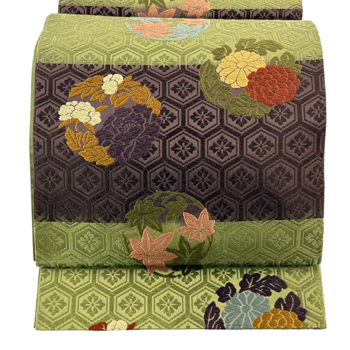 【美品】 袋帶 秀品級 花丸紋 段紋 唐織 抹茶 深藍 六通 純蠶絲