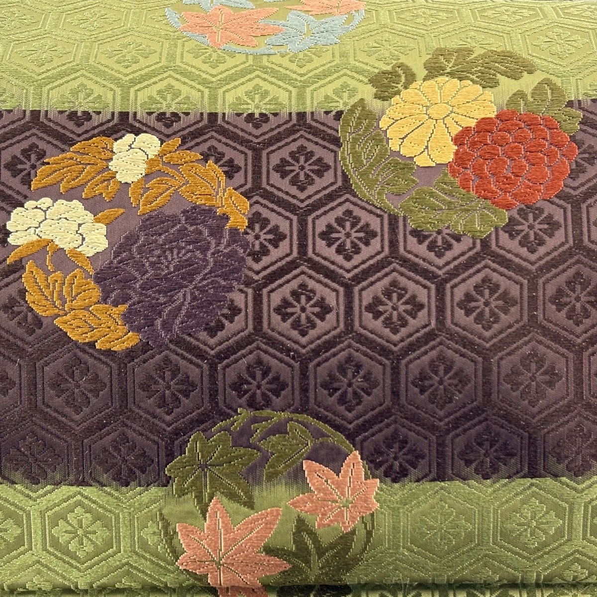 【美品】 袋帶 秀品級 花丸紋 段紋 唐織 抹茶 深藍 六通 純蠶絲