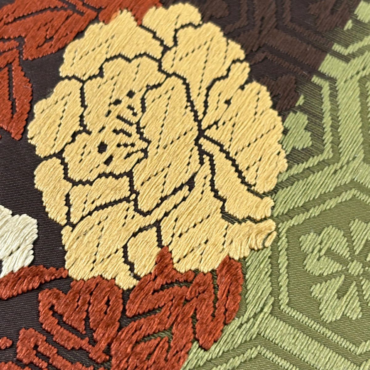 【美品】 袋帶 秀品級 花丸紋 段紋 唐織 抹茶 深藍 六通 純蠶絲