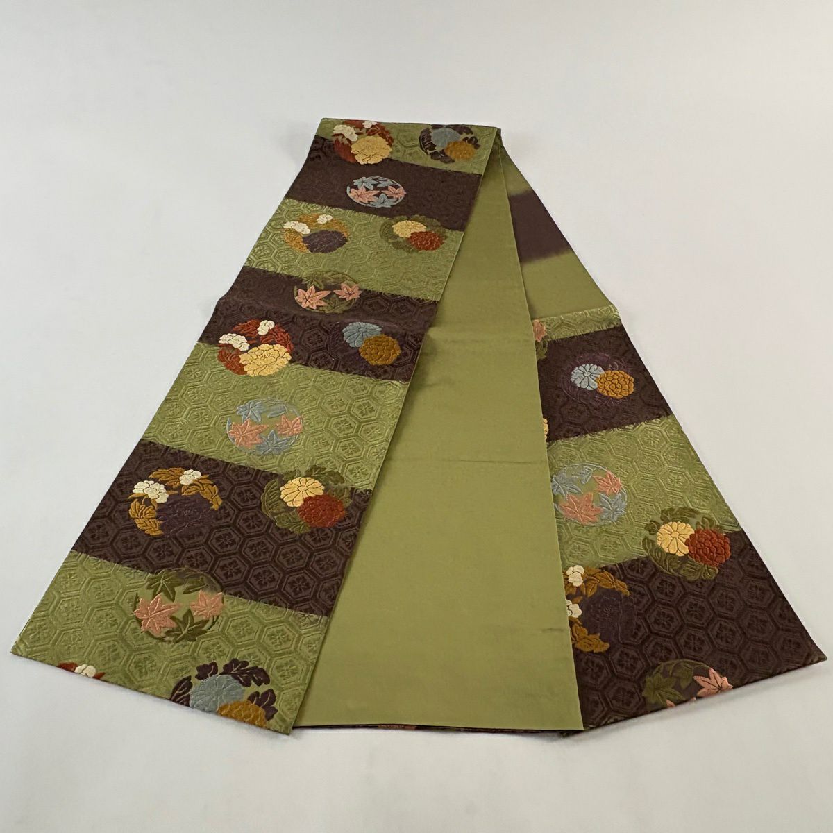 【美品】 袋帶 秀品級 花丸紋 段紋 唐織 抹茶 深藍 六通 純蠶絲