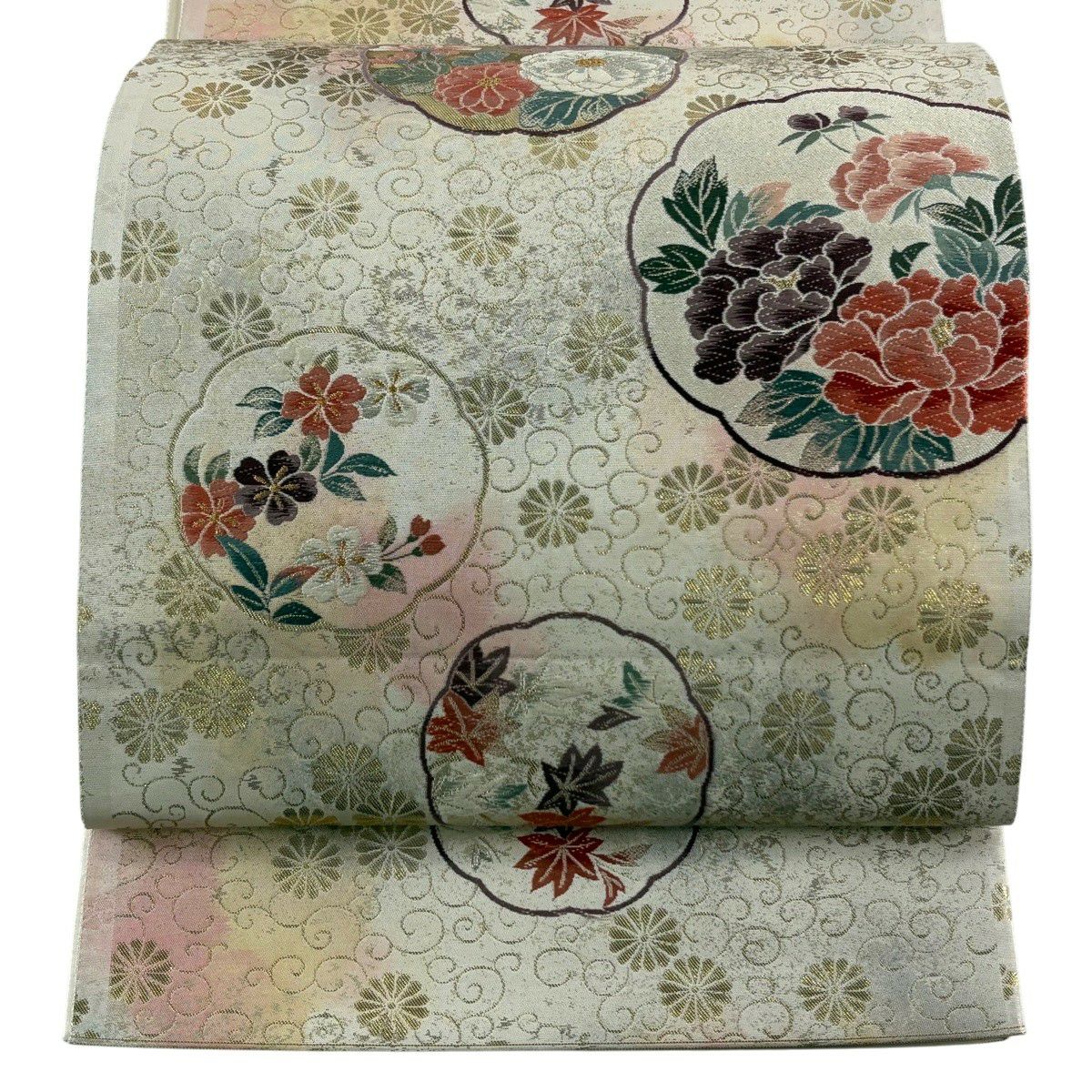 【美品】 袋帶 秀品級 關西仕立 雪白牡丹 菊花唐草紋 刺繡 金銀彩 六通 純蠶絲