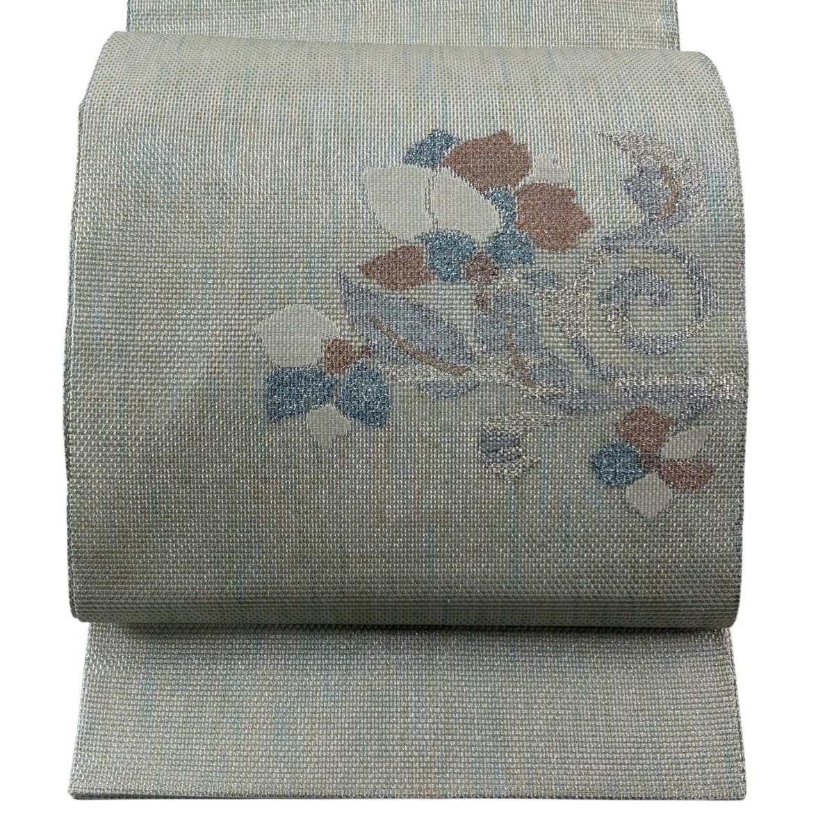 【美品】 袋帶 秀品級 夏帶 縞 草花紋 金銀彩 薄綠 お太鼓圖案 純蠶絲