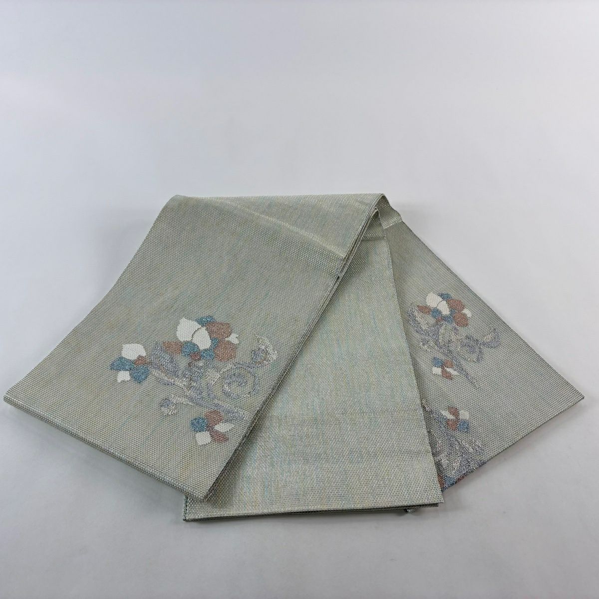 【美品】 袋帶 秀品級 夏帶 縞 草花紋 金銀彩 薄綠 お太鼓圖案 純蠶絲