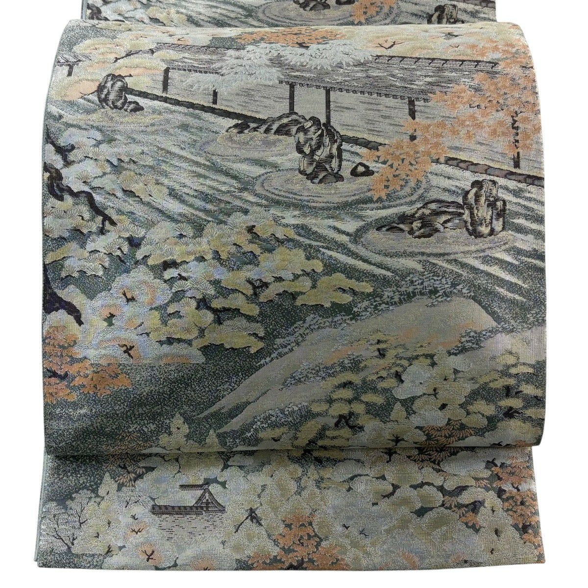 【美品】 袋帶 秀品級 紹巴 枯山水 塀瓦 灰色 全通 純蠶絲