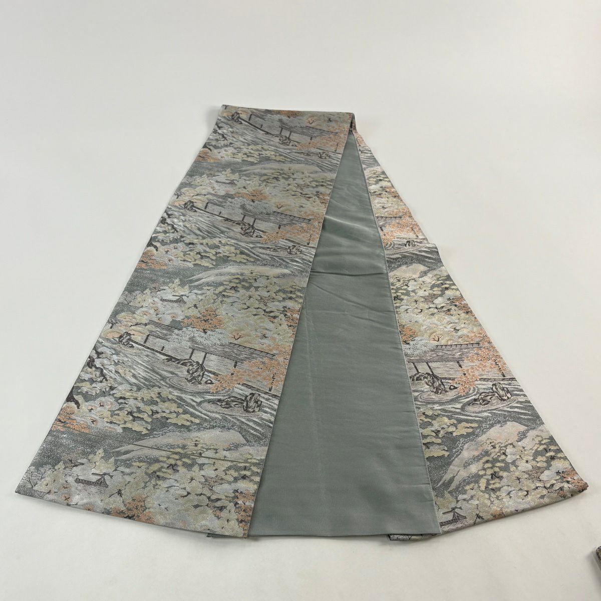 【美品】 袋帶 秀品級 紹巴 枯山水 塀瓦 灰色 全通 純蠶絲