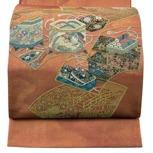 袋帶 秀品級 貝桶 扇子面 金絲 相良刺繡 紅茶 お太鼓圖案 純蠶絲