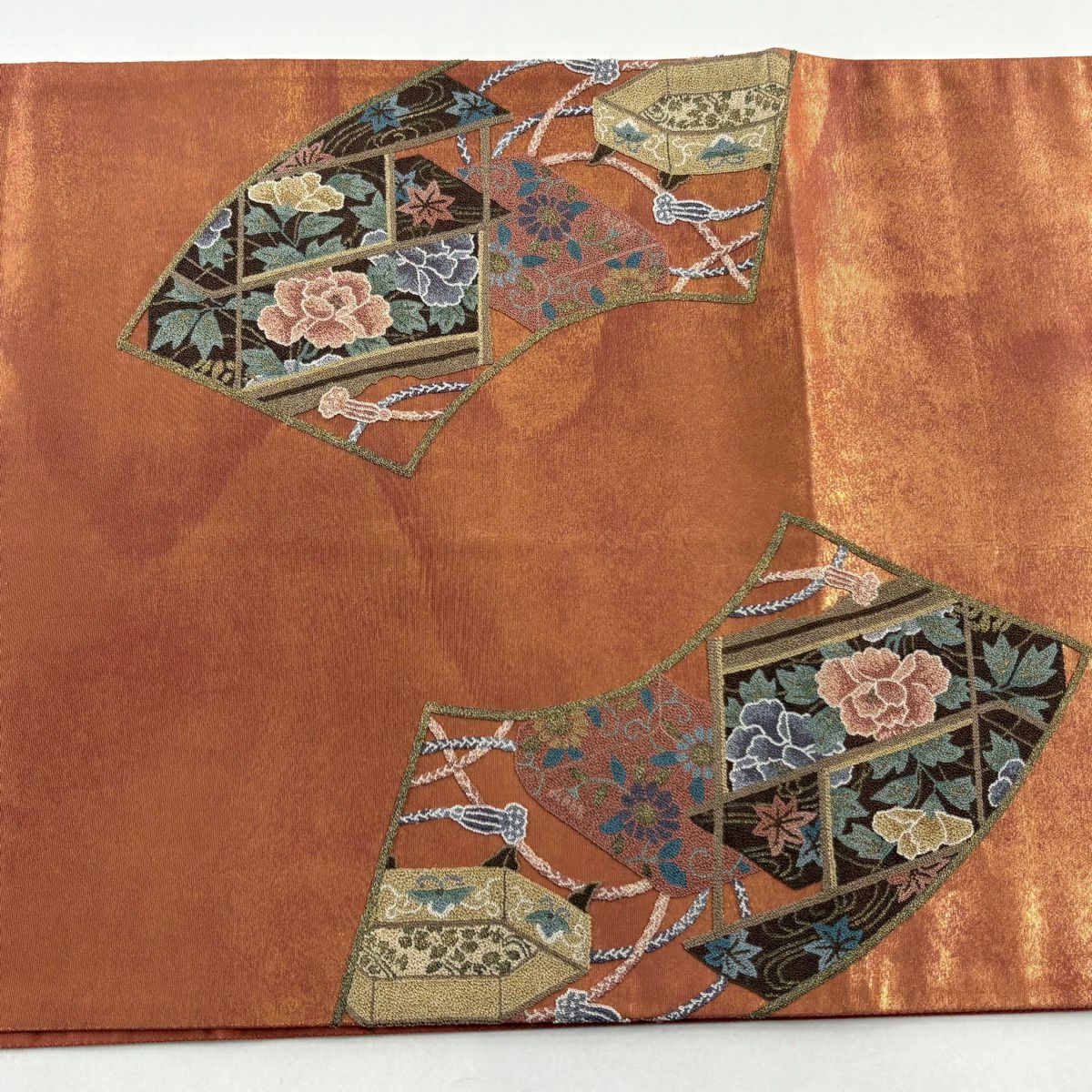 袋帶 秀品級 貝桶 扇子面 金絲 相良刺繡 紅茶 お太鼓圖案 純蠶絲