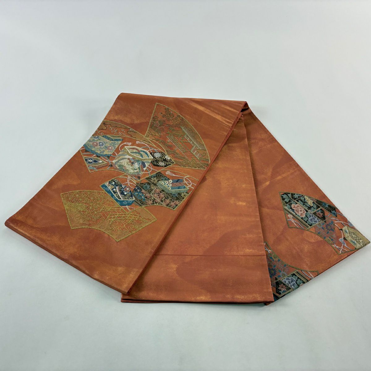 袋帶 秀品級 貝桶 扇子面 金絲 相良刺繡 紅茶 お太鼓圖案 純蠶絲