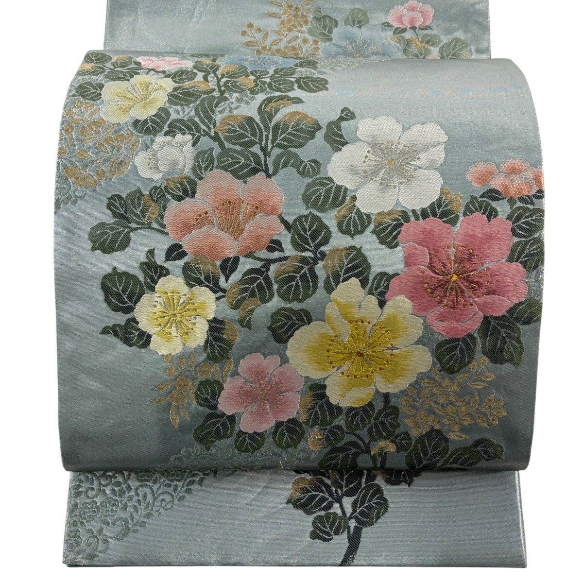 【美品】 袋帶 秀品級 草花紋紋 刺繡 金金箔 青綠 六通 純蠶絲