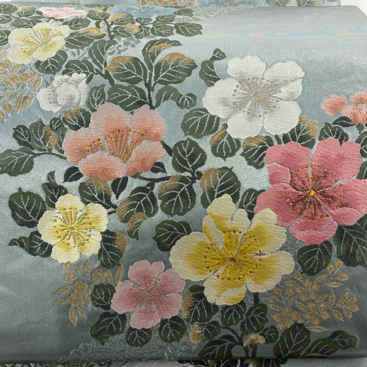 【美品】 袋帶 秀品級 草花紋紋 刺繡 金金箔 青綠 六通 純蠶絲