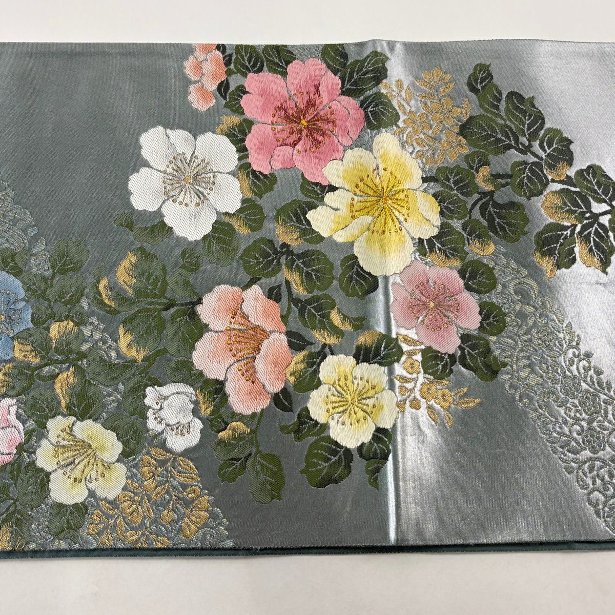 【美品】 袋帶 秀品級 草花紋紋 刺繡 金金箔 青綠 六通 純蠶絲