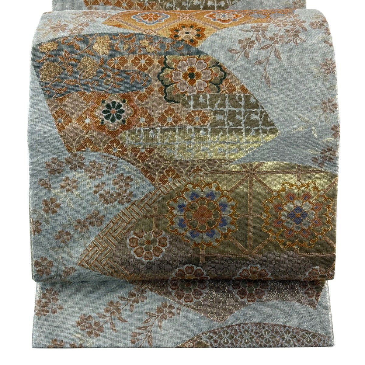【美品】 袋帶 秀品級 華紋 扇子面 金絲 金金箔 銀 六通 純蠶絲