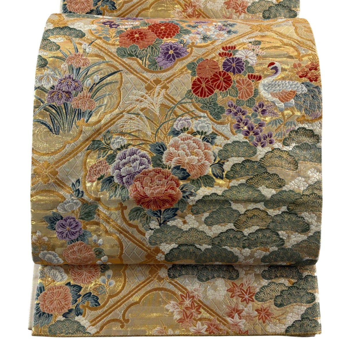 袋帶 秀品級 菊花 鴛鴦 刺繡 金金箔 金色 六通 純蠶絲