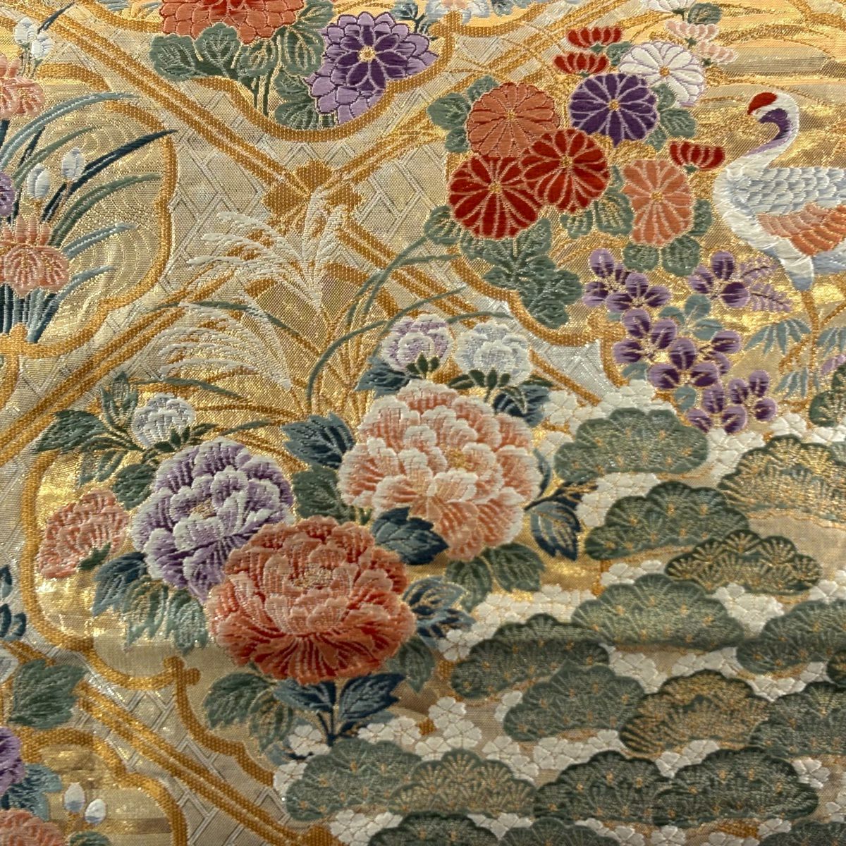 袋帶 秀品級 菊花 鴛鴦 刺繡 金金箔 金色 六通 純蠶絲