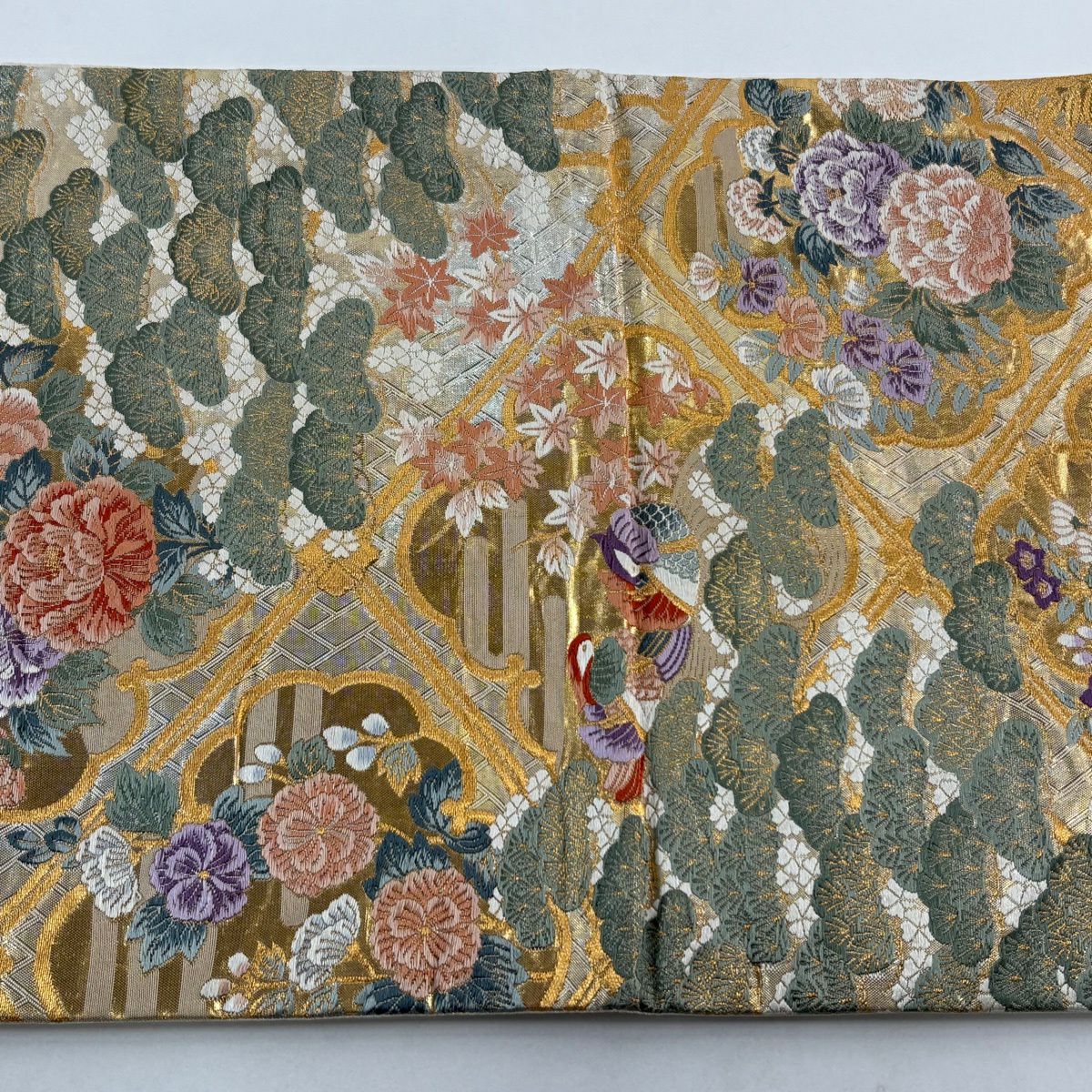 袋帶 秀品級 菊花 鴛鴦 刺繡 金金箔 金色 六通 純蠶絲