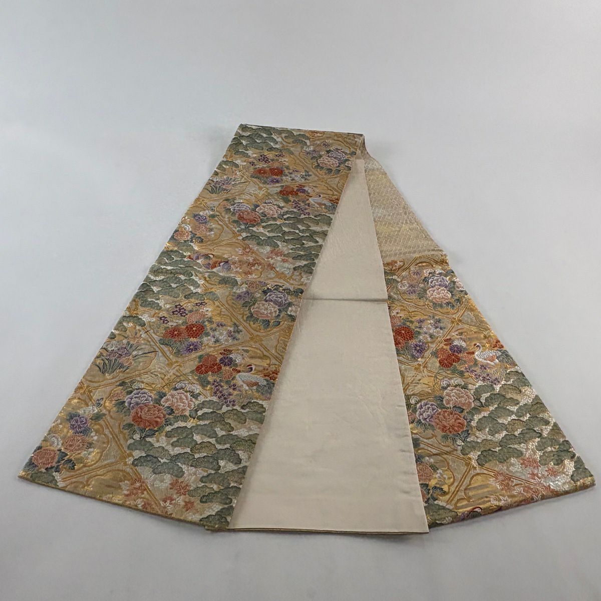 袋帶 秀品級 菊花 鴛鴦 刺繡 金金箔 金色 六通 純蠶絲