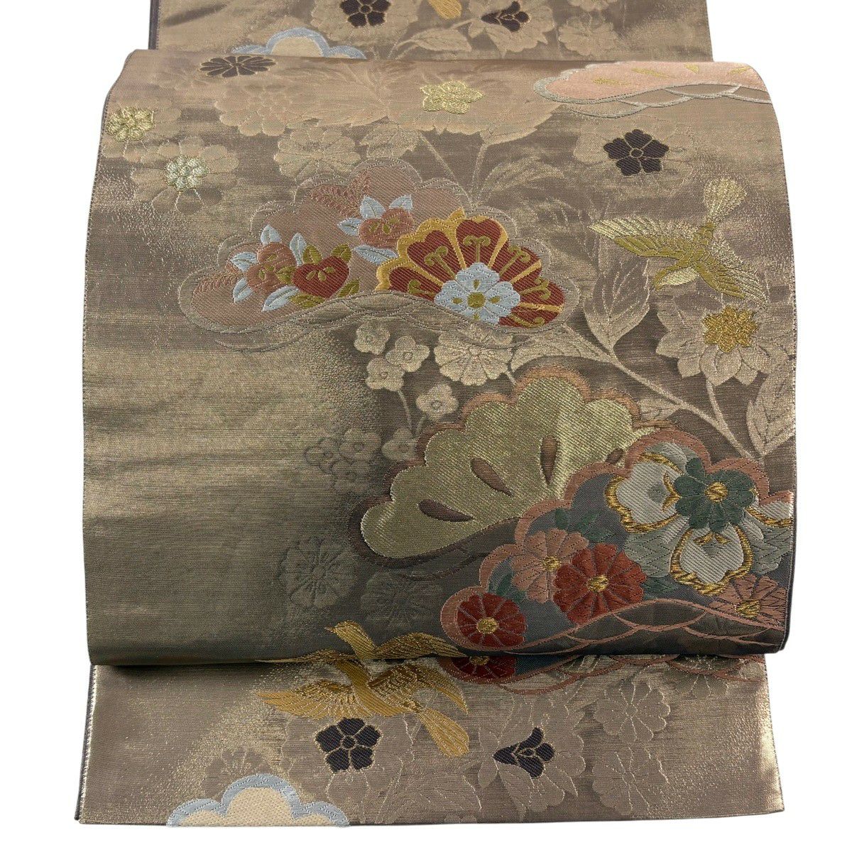 【美品】 袋帶 秀品級 松樹 花鳥 唐織 金金箔 金茶 六通 純蠶絲