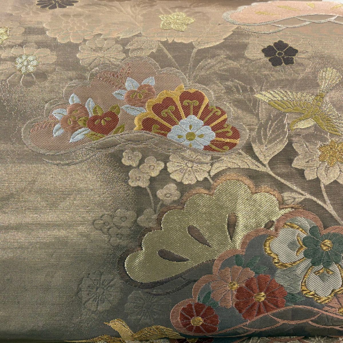 【美品】 袋帶 秀品級 松樹 花鳥 唐織 金金箔 金茶 六通 純蠶絲