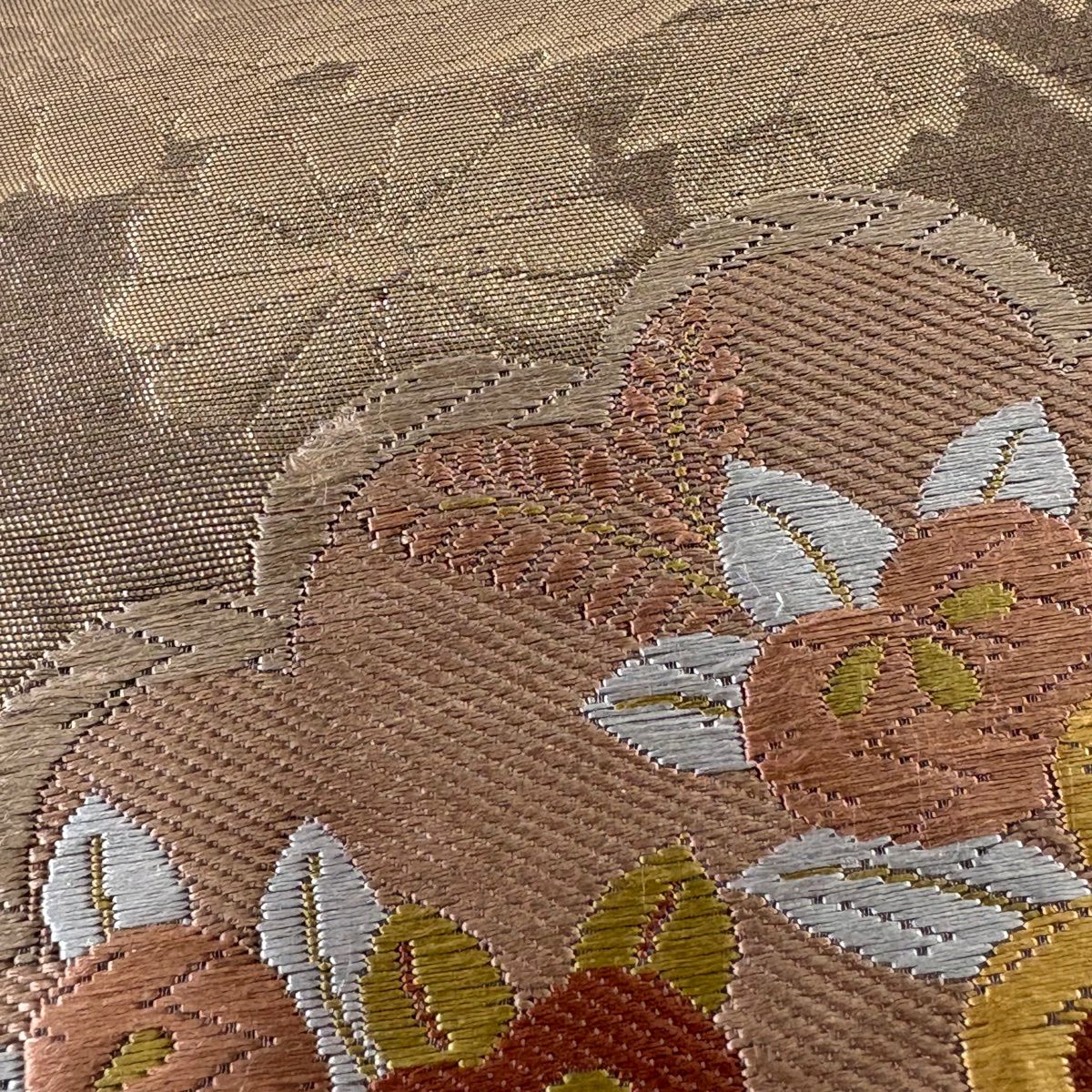 【美品】 袋帶 秀品級 松樹 花鳥 唐織 金金箔 金茶 六通 純蠶絲