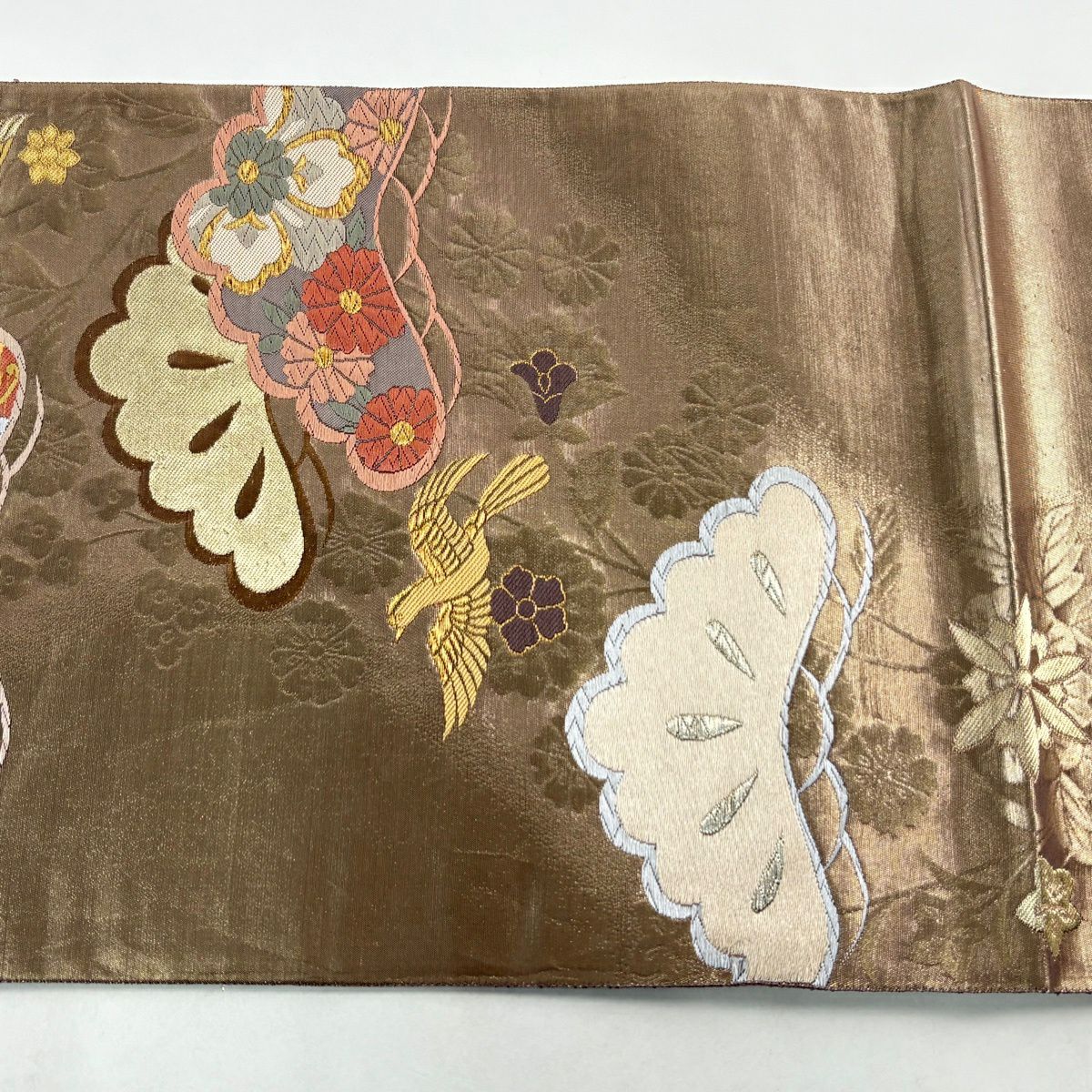 【美品】 袋帶 秀品級 松樹 花鳥 唐織 金金箔 金茶 六通 純蠶絲