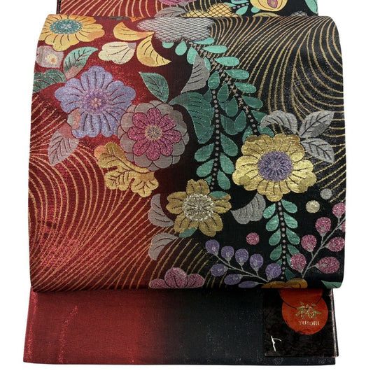 【美品】 袋帶 優品級 辻花染圖案 金金箔 紅黑 六通 純蠶絲