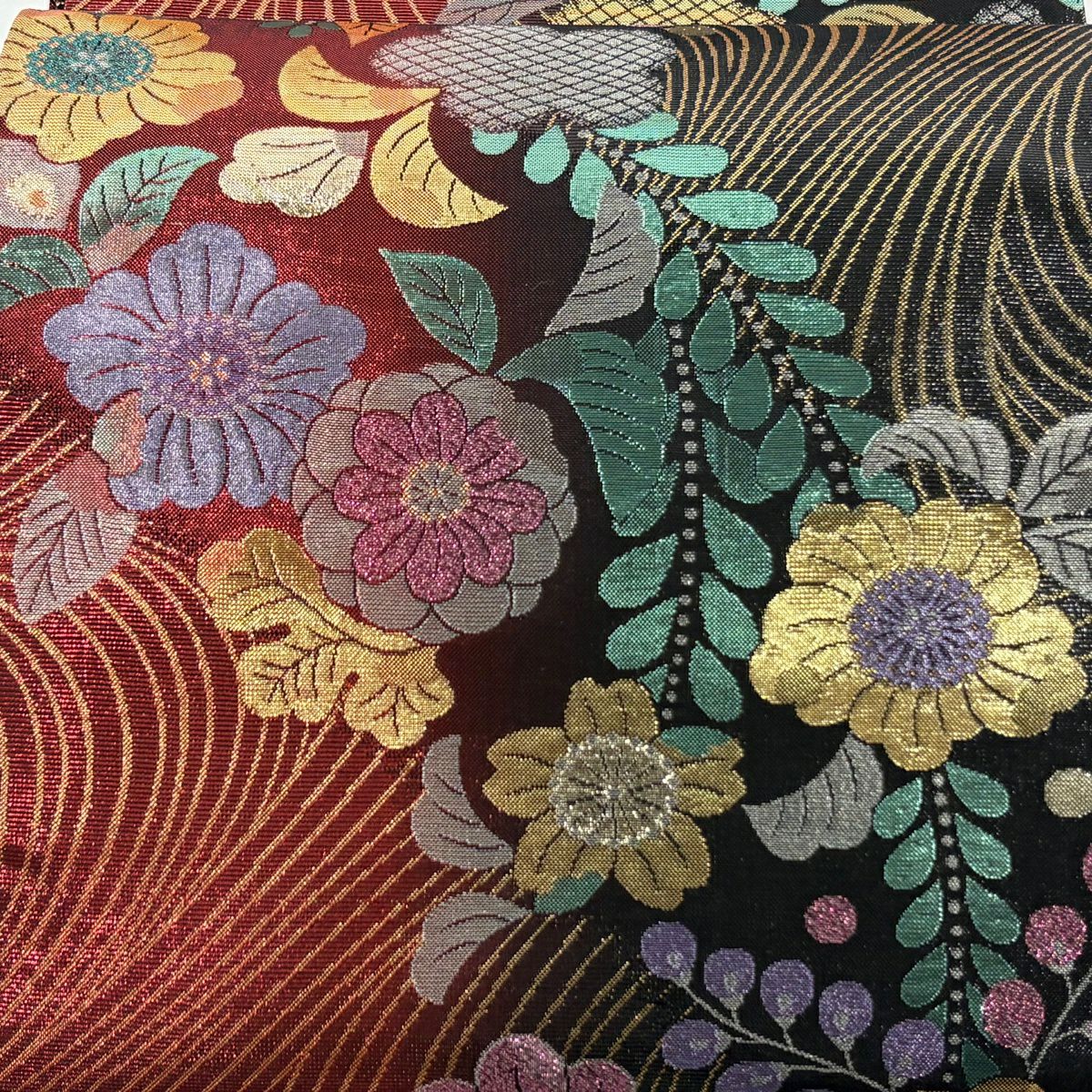 【美品】 袋帶 優品級 辻花染圖案 金金箔 紅黑 六通 純蠶絲