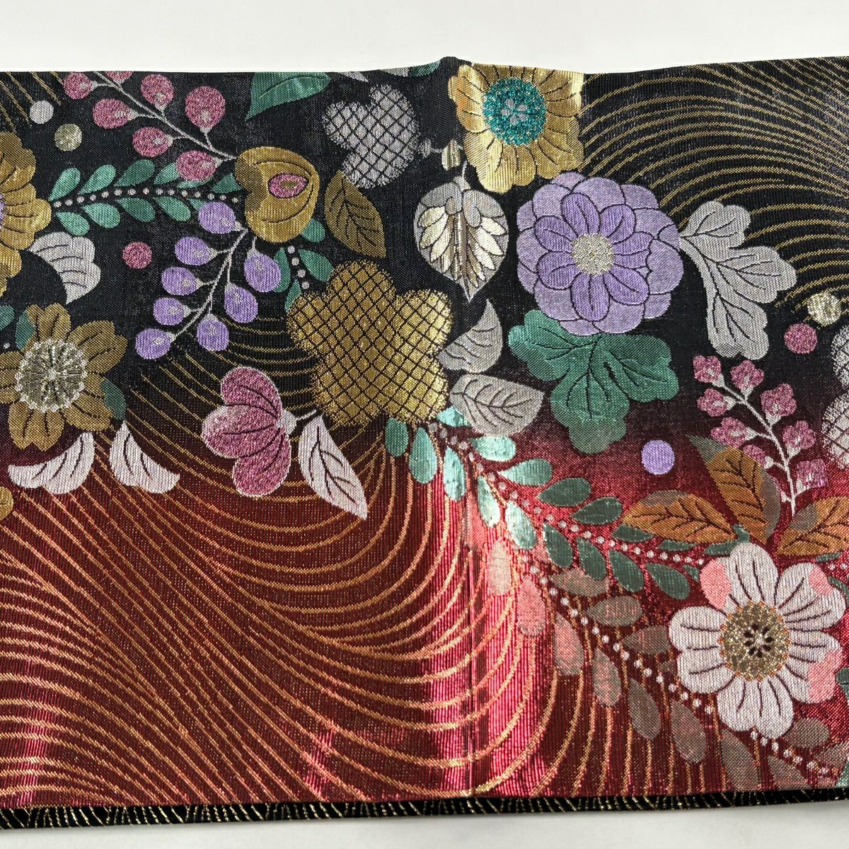 【美品】 袋帶 優品級 辻花染圖案 金金箔 紅黑 六通 純蠶絲