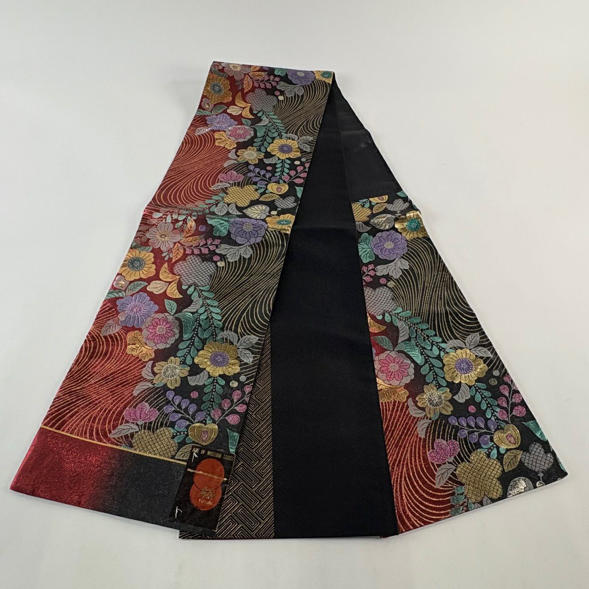 【美品】 袋帶 優品級 辻花染圖案 金金箔 紅黑 六通 純蠶絲