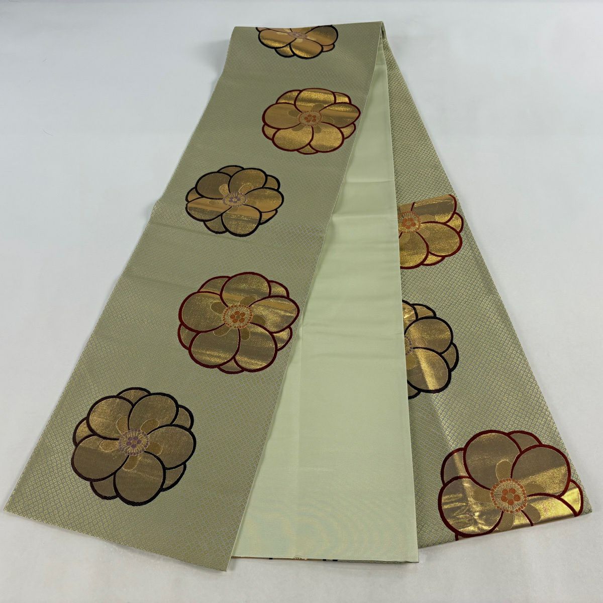 【美品】 袋帶 秀品級 梅花 疋田 金絲 金金箔 抹茶 深藍 六通 純蠶絲