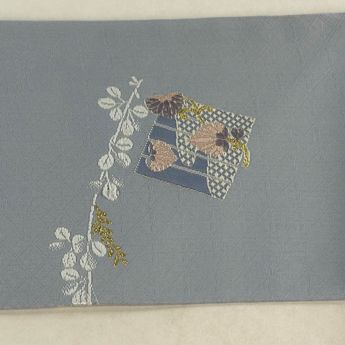 名古屋帶 秀品級 源氏香 萩 金絲 青灰色 純蠶絲
