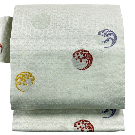 名古屋帶 秀品級 圓文 波頭 奶油色 純蠶絲